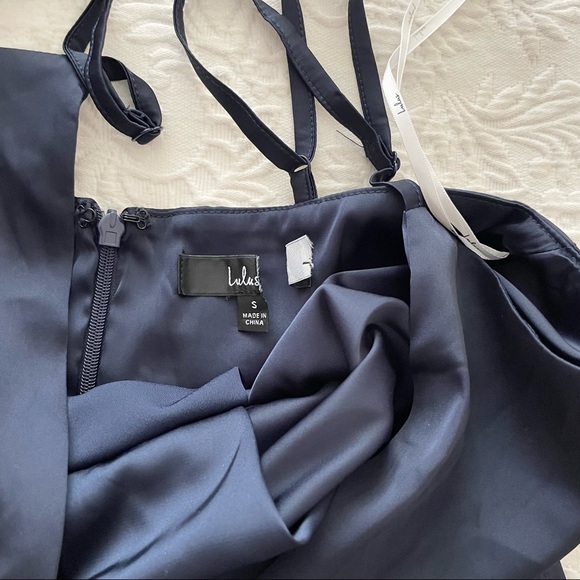 NWOT Lulus Caught Feelings Navy Blue Satin Ruffled Midi Dress Small Medium Large - Picture 11 of 16